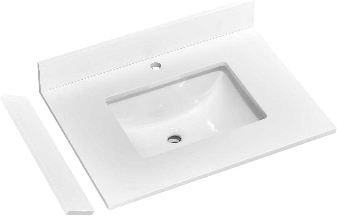 EQLOO 24" x 22" Vanity Top, Quartz Vanity Sink Top in Pure White, with One Sidesplash & One Backsplash, with Undermounted Rectangular Sink, Single Faucet Hole for Vanity Top with Sink
