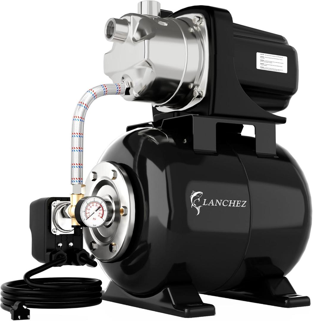 LANCHEZ 1.6HP Shallow Well Pump with Pressure Tank, 1340GPH Automatic Irrigation Water Booster Jet Pump, 115V Stainless Steel Water Transfer Pump for Home Garden Lawn Sprinkler Irrigation