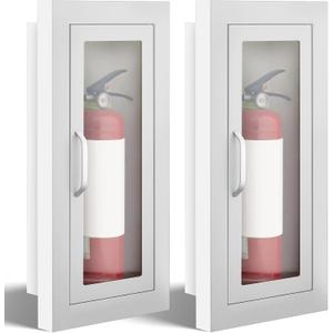 Zonon 2 Pcs Semi Recessed Fire Extinguisher Cabinet Box Steel Recessed Wall Cabinet, Magnetic Door with Handle, Acrylic Window, 2.5 Inch Trim, for 2.5/5/10 lb Dry Chemical Fire Extinguisher (White)