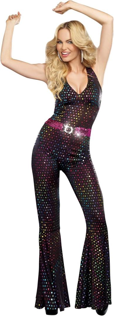 Dreamgirl Adult 70s Disco Costume for Women, Disco Jumpsuit, Disco Doll Halloween Costume (X-Large, Black)