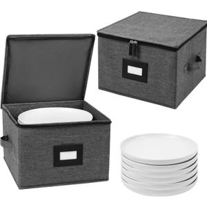 Mayniu China Storage Containers Hard Shell, 12" Plate Storage Containers for Dishes, Stackable Dinnerware Storage with 24 Felt Dividers (2 Pack Black)