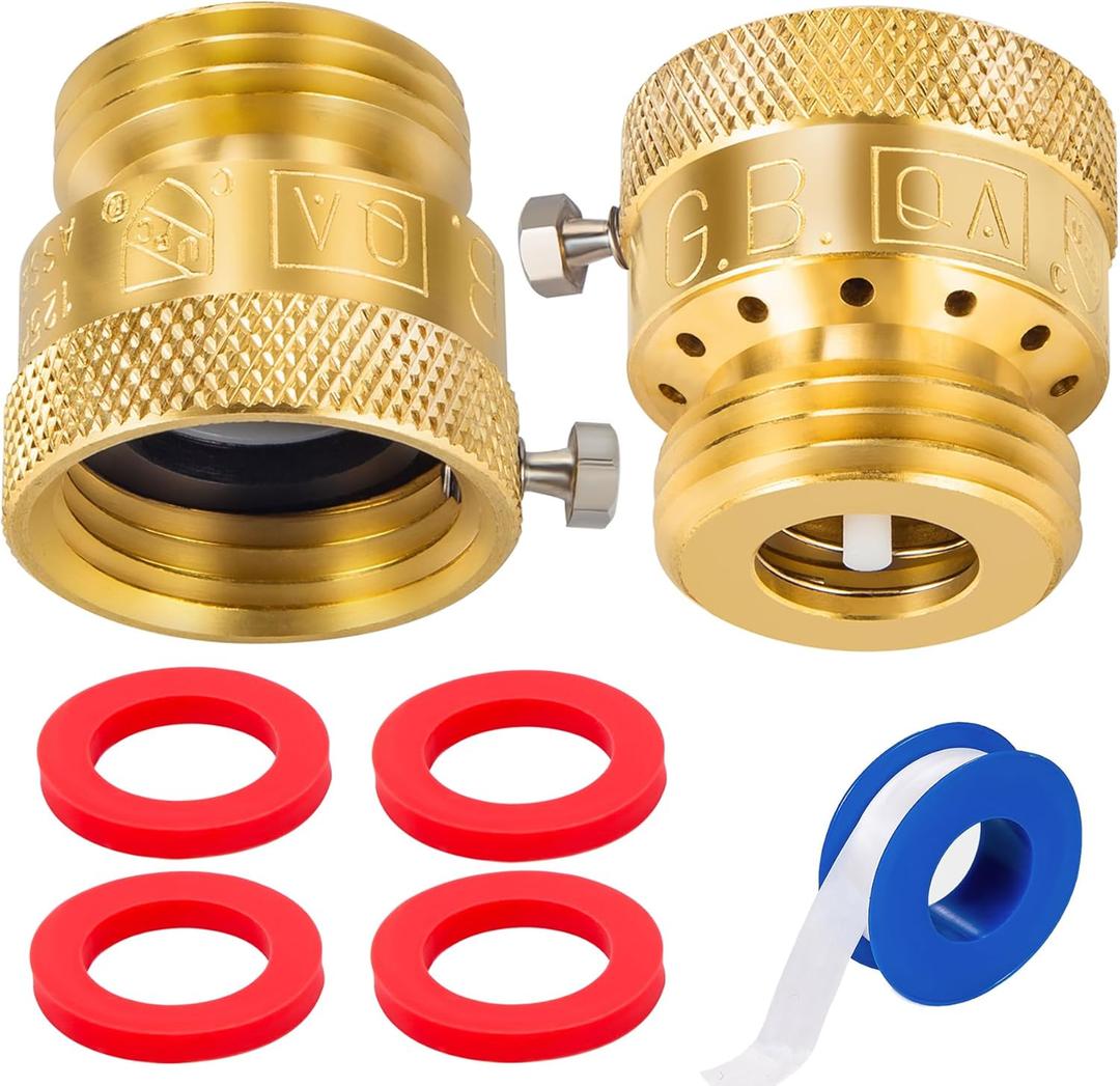 2-Pack Brass Vacuum Breaker Set 3/4" Anti-Siphon Hose Bib Valve for Garden Spigot RV Hose Connection Backflow Preventer Connector with Tape and Extra washers
