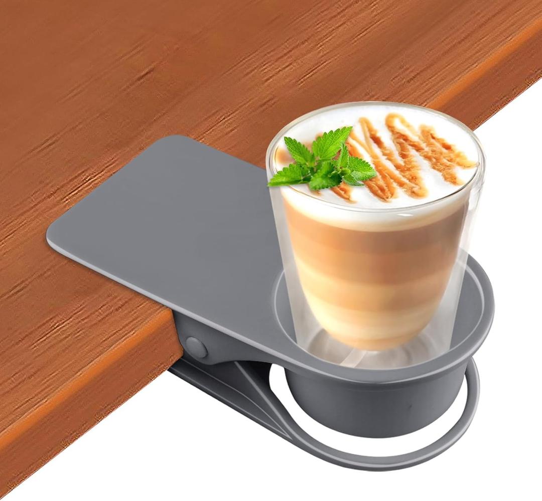 1PCS Drinking Cup Holder, Kalolary Desk Bottle Cup Stand DIY Glass Clamp Storage Saucer Clip Water Coffee Mug Holder Saucer Clip Design for Home & Office, Grey
