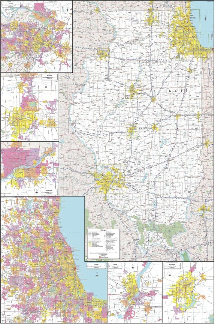 MapSherpa: Illinois State Wall Map - Extra Large - 40 x 60 inch Poster - Front Lamination