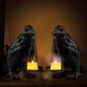 Gothic Crow Lamp with Tealight Candle Holder Resin Raven Decor Statue Gothic Home Decor for Bedroom Unique Goth Gifts Black 2PCS