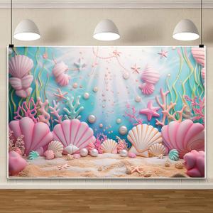 AOFOTO 10x8ft Baby Girl Underwater World Birthday Backdrop Cartoon Pink Undersea Ocean Seashell Sunlight Water Grasses Little Girl Room Decor Wallpaper Princess Kids Baby Shower Party Table Banner