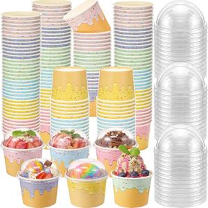 Jingmore 120 Pack 6 oz Ice Cream Paper Cups with Lids Disposable Ice Cream Bowls Paper Treat Dessert Cups 5 Colors Cake Snack Container for Hot or Cold Food Soup Yogurt Birthday Summer Party Supplies