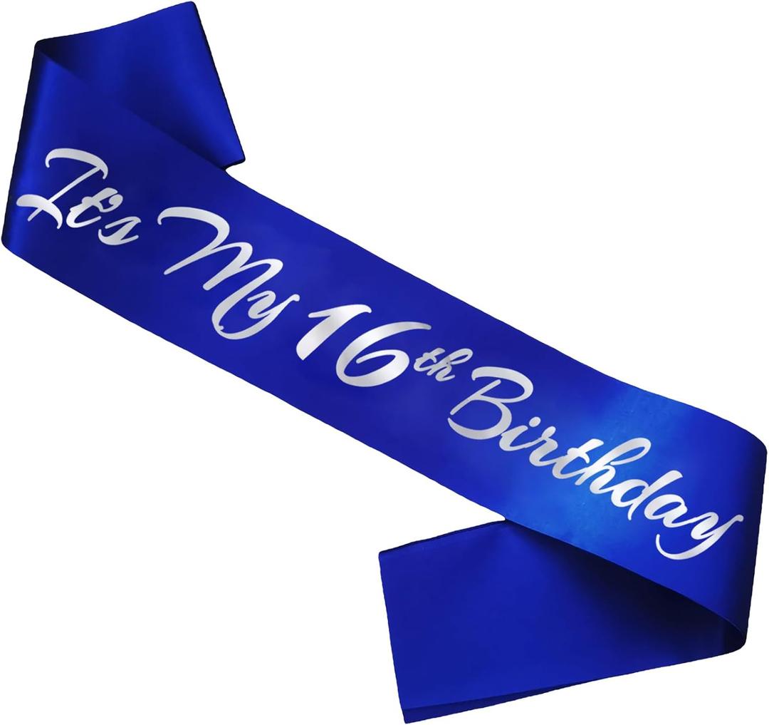 It's My 16th Birthday Sash, Royal Blue Birthday Sash for 16th Bday Party Supplies, Gifts for Girl or Boy Bday Party Favors