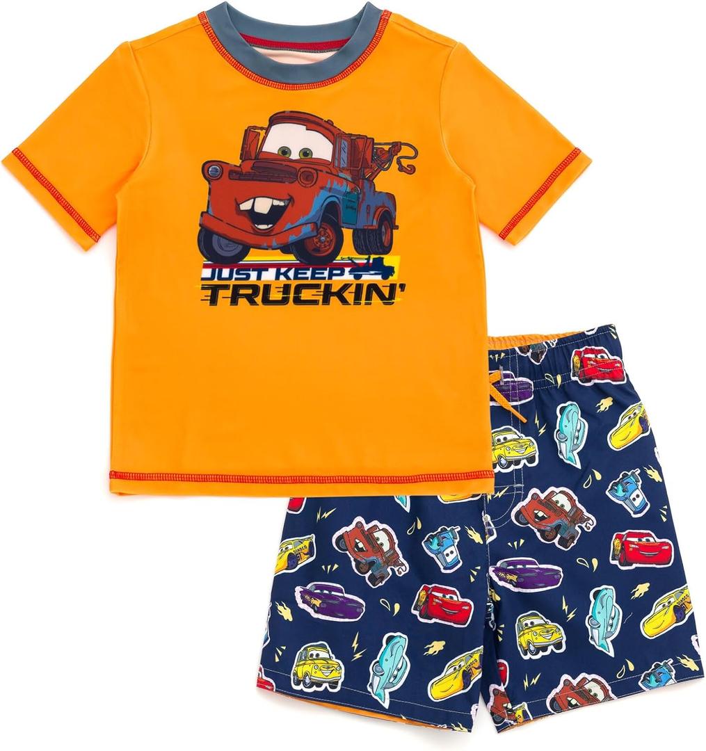 Disney Cars UPF 50+ Rash Guard Shirt and Swim Trunks Outfit Set Toddler to Little Kid Sizes (2T - 7-8) (Orange / Navy, Mater)