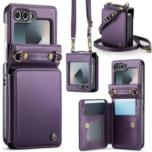 Vinich Crossbody for Samsung Galaxy Z Flip 6 Wallet Case with RFID Blocking Card Holder, Strap Kickstand Shockproof Flip Phone Cover for Women Men, Purple