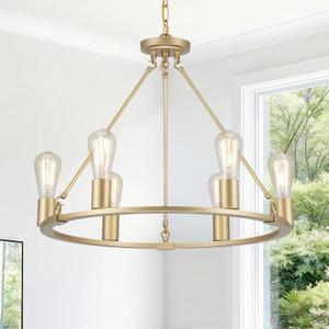 6-Lights Gold Chandelier | Dia 24'' Farmhouse Wagon Wheel Chandelier | Rustic Hanging Dining Room Light Fixture | Apply to Living Room | Kitchen Island | Entryway | Foyer