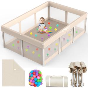 Foldable Baby Playpen with Mat: 74" x 50" Play Pen for Babies and Toddlers - Portable Playpen Safety Baby Fence with Carry Bag & 30 Ocean Balls for Indoor Outdoor - No Assembly Required