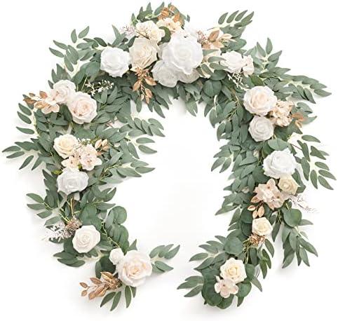 Ling's Moment Flower Garland - 6FT Eucalyptus & Rose - Sweetheart Table Decor for Wedding Reception, Artificial Silk Floral Garland for Mantle, Spring, Garden Christmas Decoration, White Beige