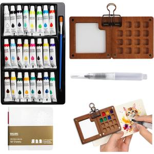 Mini Watercolor Travel Set, 24 Colors Portable Pocket Paint Kit with Watercolor Pens, Binder Clips & Walnut Wooden Box  Perfect for Outdoor Painting, Sketching & Art Journaling