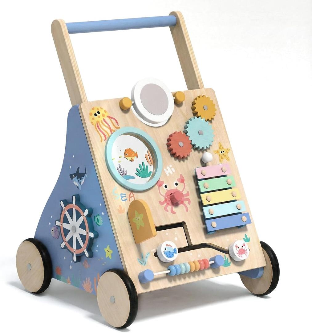 Ocean-Themed Wooden Baby Walker with Activity Center, Montessori Push Walker Toy for Babies 18 Months, Safe First Steps Baby Walking Aid for Boys & Girls