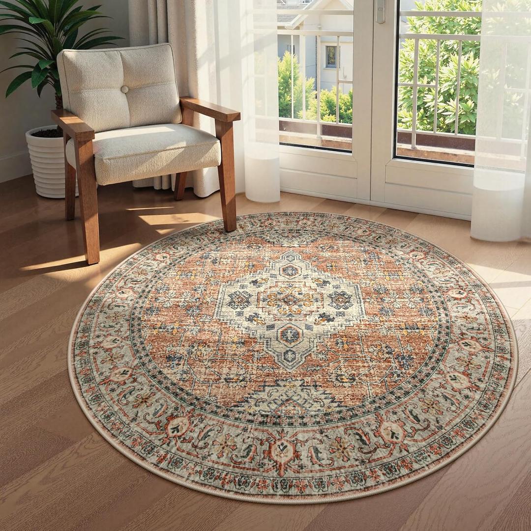 Lahome Oriental Washable Round Rugs, Non-Slip Round Rug 4ft Ultra-Thin, Vintage Soft Small Circle Carpet for Entryway Kitchen Bedroom Nursery Bathroom Eleanor, Peach/Orange (Terracotta)