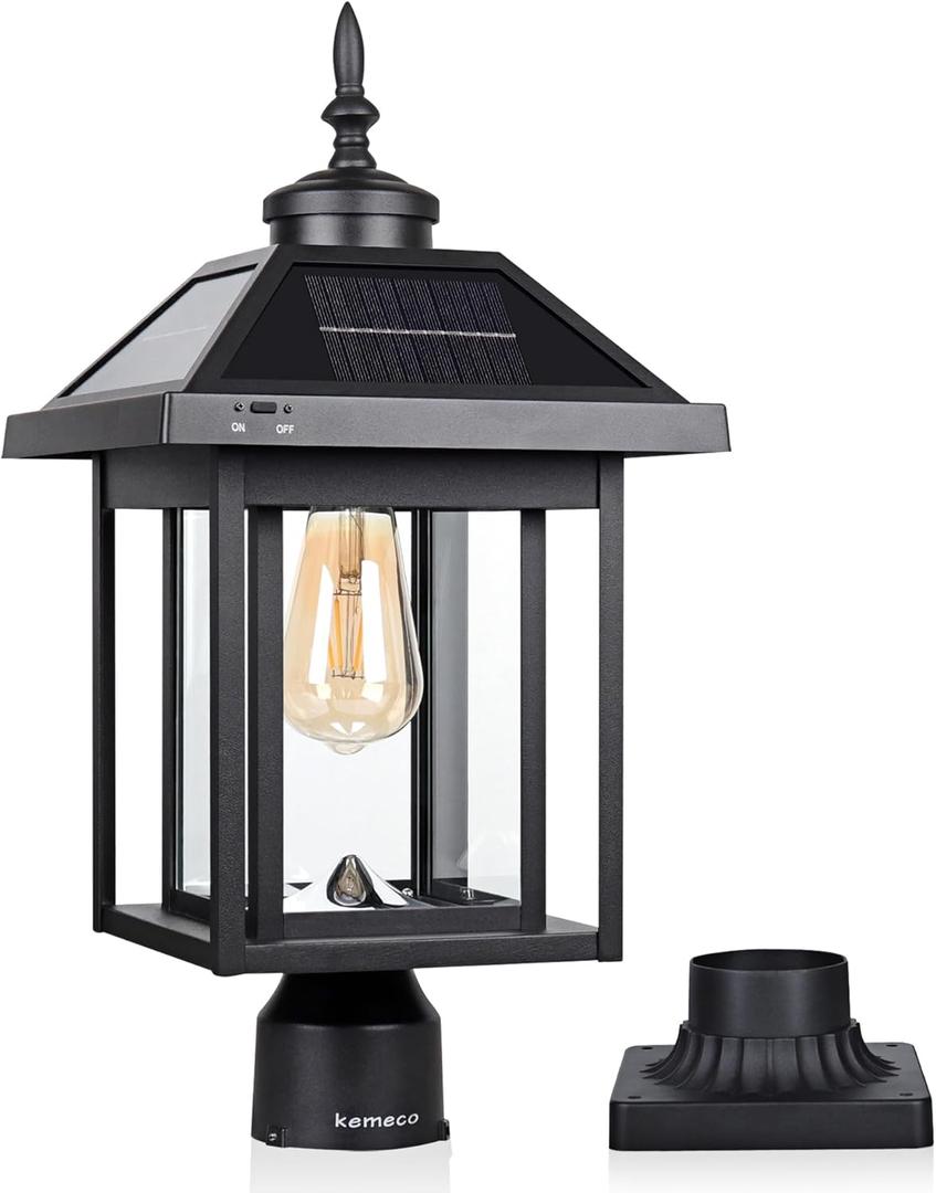 Solar Post Light with Pire Mount Base, Outdoor Dusk to Dawn Waterproof Aluminum Lamp Bright Sandy Colored LED Solar Powered for Pole Pillar Gates Yard Deck Garden Decoration