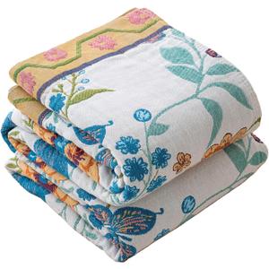 Boho Throw Blankets for Couch,Sofa,Bed, 60"x80" 100% Cotton Muslin Floral Spring Throw Blanket, Butterflies and Flowers Rustic Quilt, Farmhouse,Living Room Decor for All Seasons