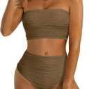 High Waisted Bandeau Bikini Set - Women Strapless Two Piece Swimsuits Ribbed Longline Full Coverage Bathing Suits Swimwear (Medium, Brown)