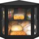 Corner Bread Box for Kitchen Counter, Bamboo Wood Black Bread Box, Large Capacity Bread Storage Bin with Acrylic Wavy Door Panel (Black, Medium) 