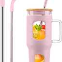 Glass Tumbler with Straw and Lid, 32 oz Glass Cup with Handle, Glass Water Bottles with Time Marker, 2 Straws - Pearl Straw & Drinking Straw Silicone Protective Sleeve-Pink