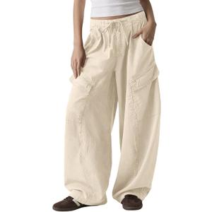 Fisoew Womens Barrel Baggy Cargo Pants Elastic Waist Wide Leg Casual Pants Y2K Streetwear with Multi Pockets 2026