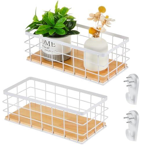 2 Pcs Metal Small Wire Basket Wall Hanging Wire Basket Hang Small Bathroom Kitchen Storage Organizer Toilet Paper Mesh Storage Bin Shelf Rack with Base(White,11.42 x 5.12 x 3.94 Inches)