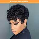 Chic Elegent Pixixe Cut Curly Wigs for Black Women Short Layered Pixie Cut Human Hair Wigs With Bangs Natural Black Color Summer No Glue Short Curly Human Hair Wig (Black Curl)