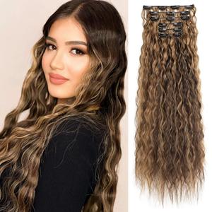 LONAI Clip In Hair Extensions, 6PCS Curly 24" Long Synthetic Clip On Hairpiece For Women-Chocolate Brown with Caramel Blonde Highlights