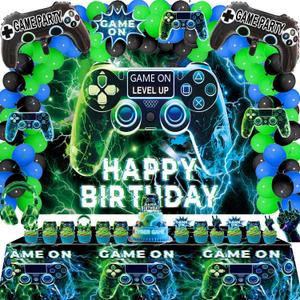 Video Game Party Decorations Set  Gamer Birthday Supplies with Backdrop, Table Cover, Hanging Swirls, Cake Toppers, Foil Balloons for Boys & Kids