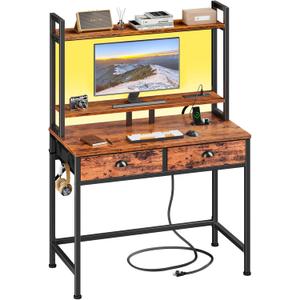 Furologee 36 Inch Small Computer Desk with Hutch, Power Outlet and LED Light Study Home Office Desk for Bedroom, Work Writing Table with Drawers, Vanity Table with Storage & Shelves, Rustic Brown