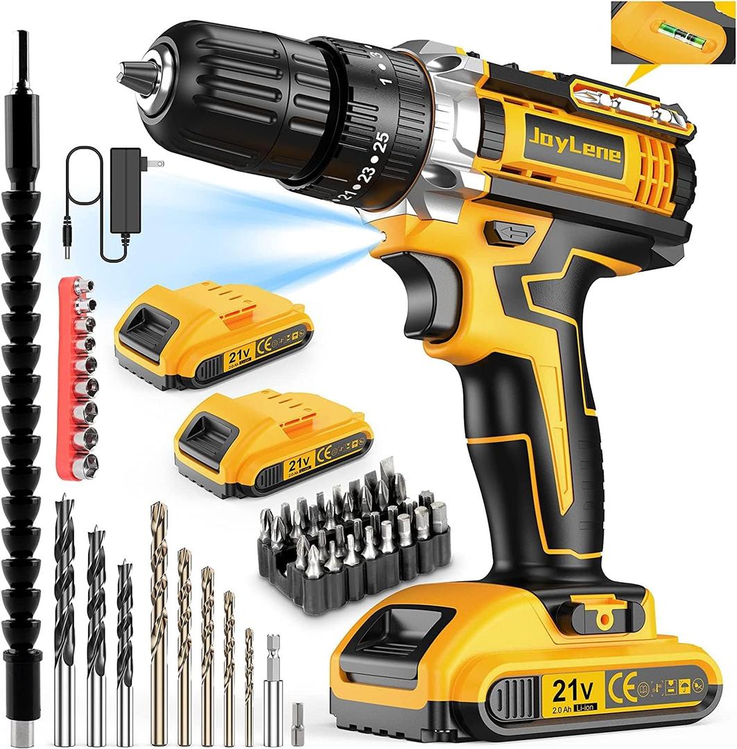 JayLene 21V Cordless Drill Set, Power Drill 59Pcs with 3/8 Inch Keyless Chuck, 25 3 Clutch Electric Drill with Work Light, Max torque 45Nm, 2-Variable Speed & 2 Batteries and Fast Charger (Black Yellow)