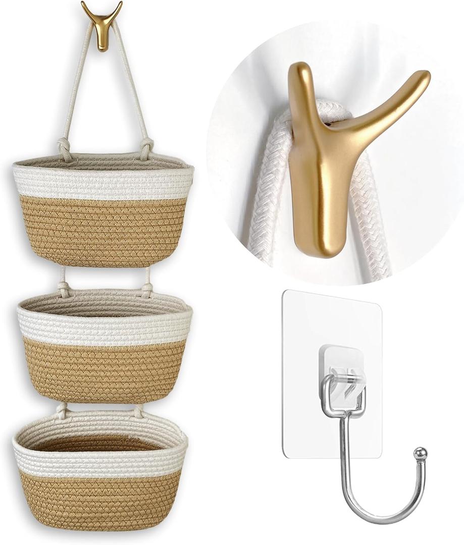 3-Tier Decorative Cotton Rope Hanging Basket, Wall-Mounted Woven Storage Organizer Bag, White + Jute