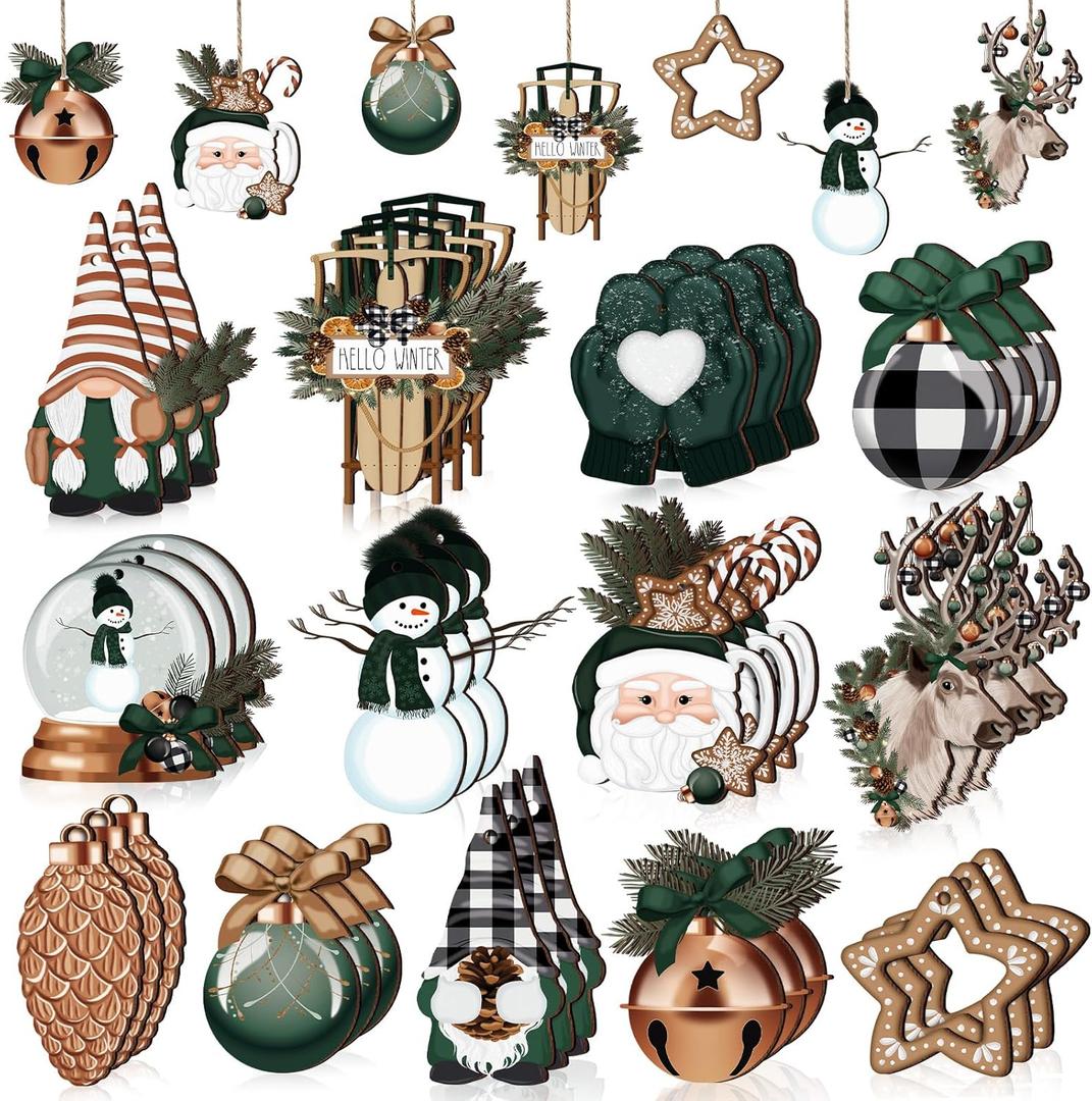 Huwena 40 Pcs Winter Wooden Ornaments Winter Theme Wonderland Hanging Ornaments Neutral Tree Decoration Farmhouse Snowman Gnomes Wreath Buffalo Plaid Wood Cutouts Decor for Home Xmas Tree Gifts (Green)