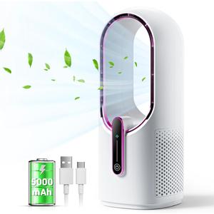 Bladeless Desk Fan, 11.8 Inch Small Rechargeable Fan, Quiet Office Fan, 3 Speeds, Touch Control, Easy to Clean, Desk Fan Small Quiet, Ideal for Home, Office, Travel (White/Rose, With Battery)