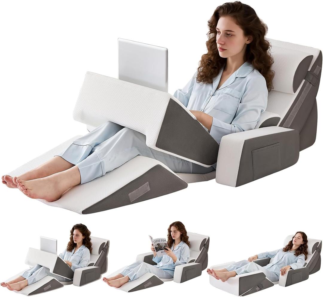 9PCS Wedge Pillow Set for After Surgery Recovery, Adjustable Memory Foam Neck Pillow, Foam Leg Pillow, Relieves Neck, Leg Pain, Sleep Apnea, and Functions as a Reading Pillow, Dark Gray