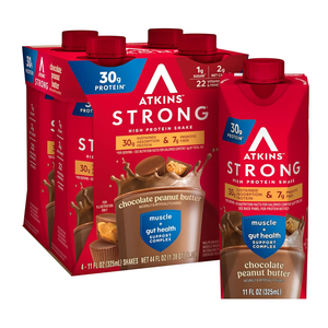 Atkins Strong High Protein Shake, Chocolate Peanut Butter, 30g Protein, 7g Prebiotic Fiber, Muscle & Gut Health Support Complex, 12 Count, Best By 04/30/2026