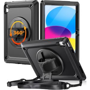 TSQQST iPad (A16) 11th/10th Generation Case 10.9 Inch 2025/2022 with Screen Protector | Military Grade | 360 Rotating Stand & Hand Shoulder Strap | Rugged Silicone Heavy Duty Drop Protection | Black