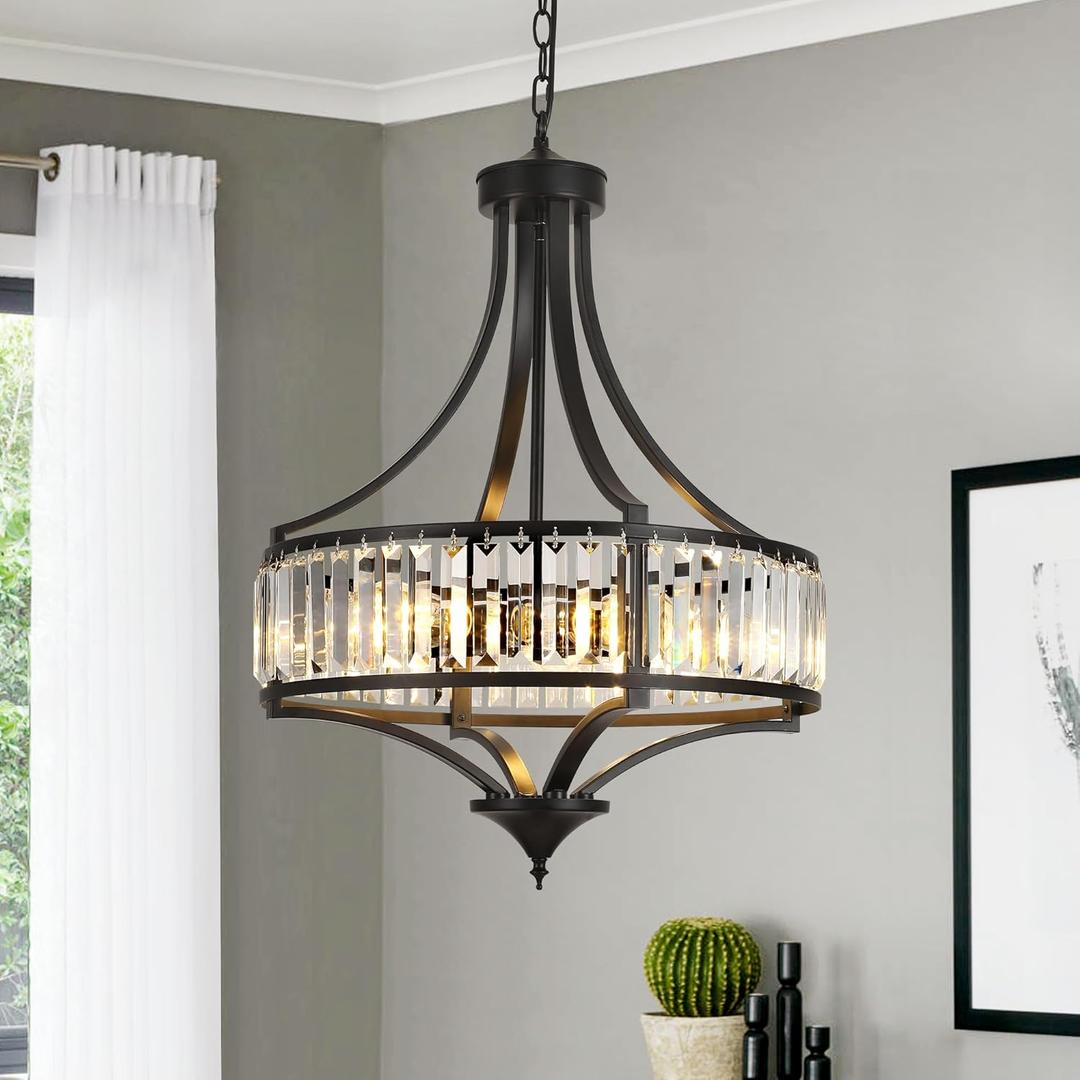 20" Modern Farmhouse Crystal Chandeliers for Dining Room, 5-Light Black Antique Pendant Chandelier, Contemporary Hanging Light Fixture for Living Room Bedroom Foyer Kitchen Island Entryway