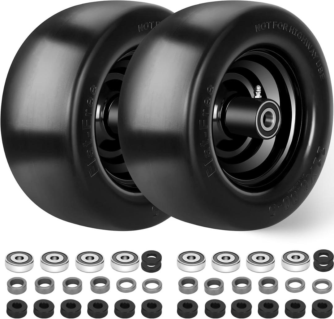 2 Pack 11x6.00-5 Flat Free Lawn Mower Tires and Wheels, Solid Front Tires for Zero Turn Mower With Upgraded 3/4 & 5/8" & 1/2" Bearing, 6"-8" Centered Hub, Load 400lbs (black Rim)