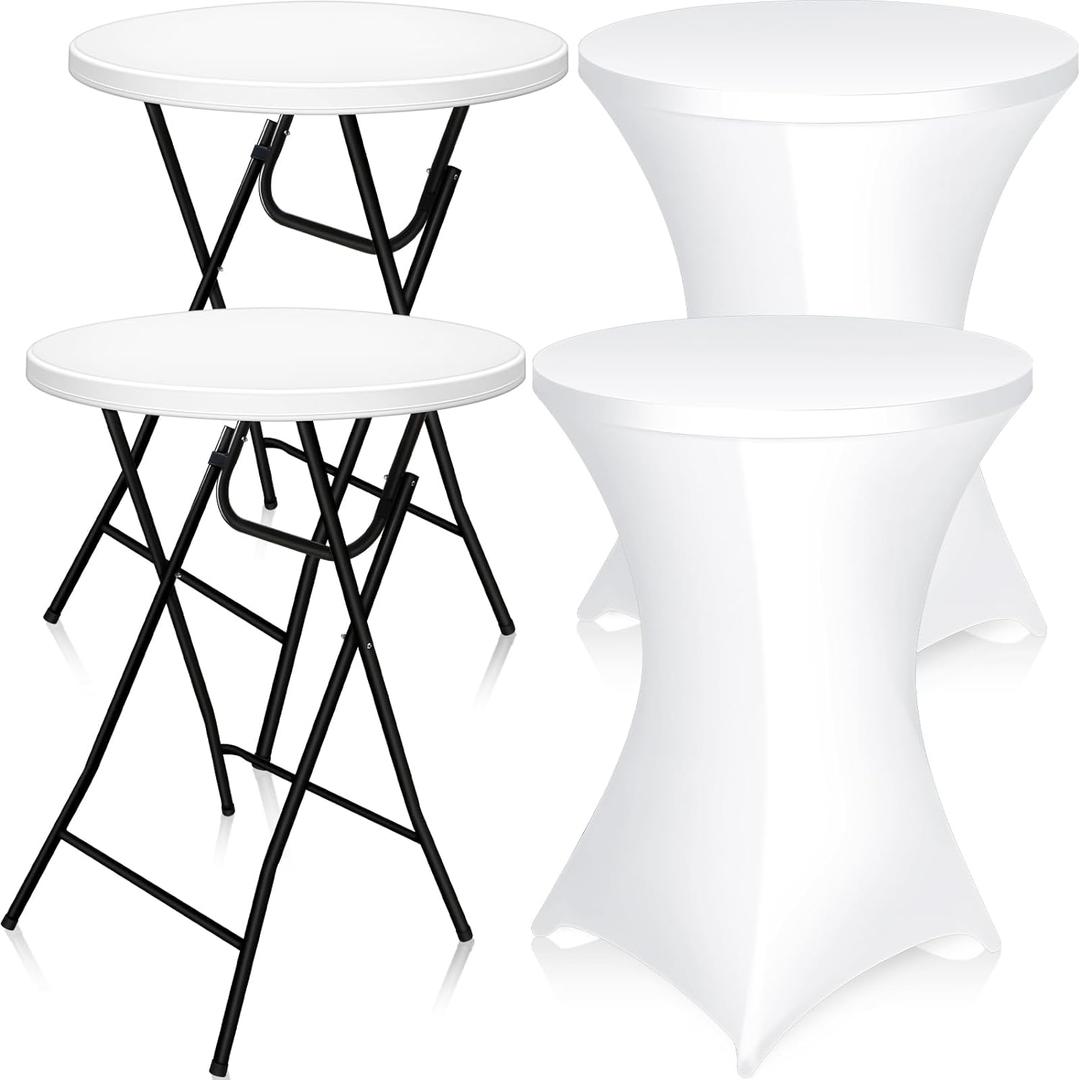 Wenqik 2 Set 32'' High Top Cocktail Table White Round Bar Height Folding Table with Removable Legs 32x43'' Cocktail Table Cloth Spandex Stretch