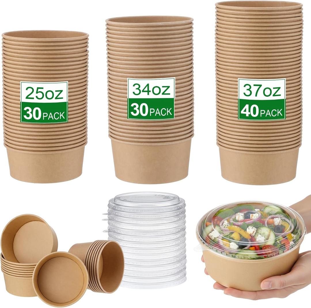 100 Pack Kraft Paper Bowls with Lid 25/34/ 37 oz Disposable Soup Salad Bowls Party Supplies, to Go Food Container for Party Dessert, Ice Cream, Yogurt, Microwave Freezer Safe