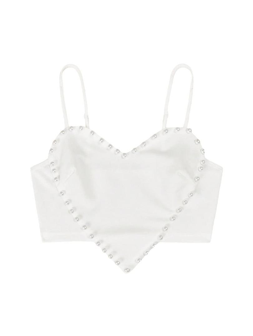 WDIRARA Women's Cami Heart Pearl Crop Top Sparkly Outfits White L (White)