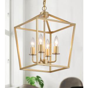 Industrial 4 Lights Chandelier, Gold Lantern Ceiling Light Fixtures with Rustic Metal Cage Adjustable Height Farmhouse Geometric Hanging Light for Kitchen Island, Dining Room, Entryway, UL Listed