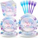 Grencian 96 Pcs Blue Purple Birthday Party Decorations Iridescent Birthday Paper Plates Disposable Blue Purple Paper Platter Tableware Set Glitter for Kids Teens Girls Happy Bir-thday Party Supplies