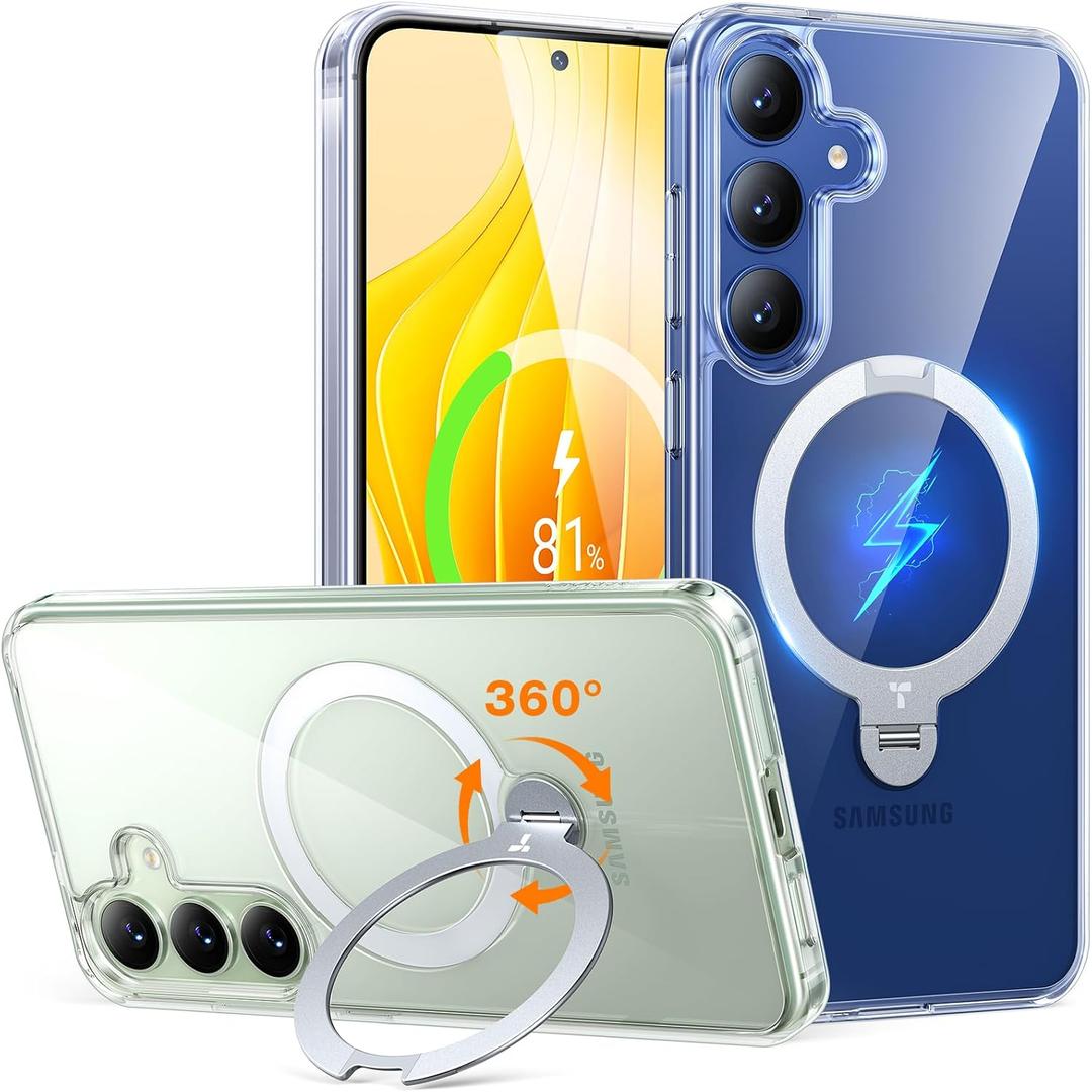 TORRAS 360 Spin for Samsung Galaxy S25 Case with Stand, Fit for MagSafe, 3X Military Grade Protective, Rotatable Kickstand for Samsung S25 Case, Magnetic Ring Slim Hard Cover, Crystal Clear 6.2''