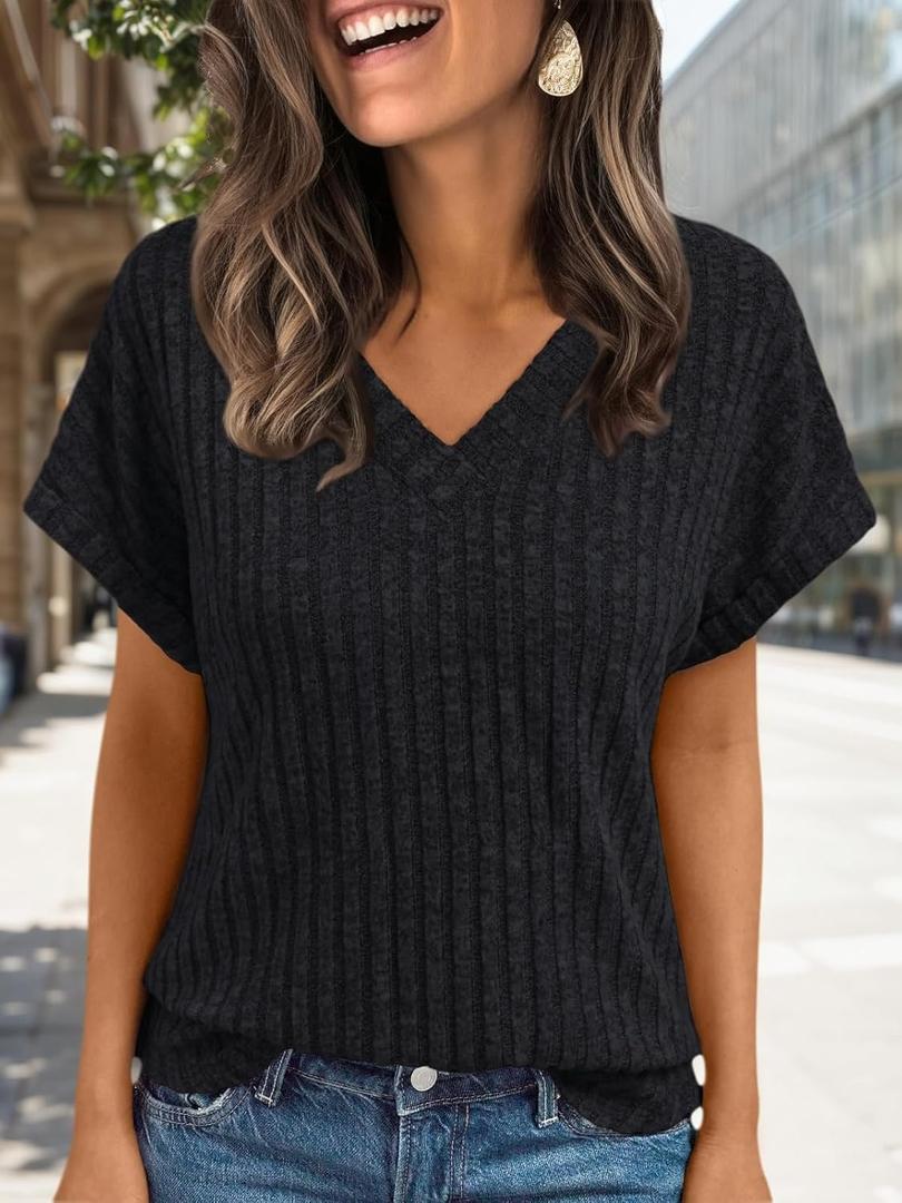 Women Tops Summer Sweaters Short Sleeve V Neck Shirts 2025 Spring Fashion Dressy Casual Business Tunic Blouses (Large, Black)