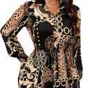 KnoInt Button Down Shirt Dresses for Women Sexy Long Sleeves Top Loose Floral Print Collared Blouses V Neck Mini Dress with BeltBlack and Gold,M