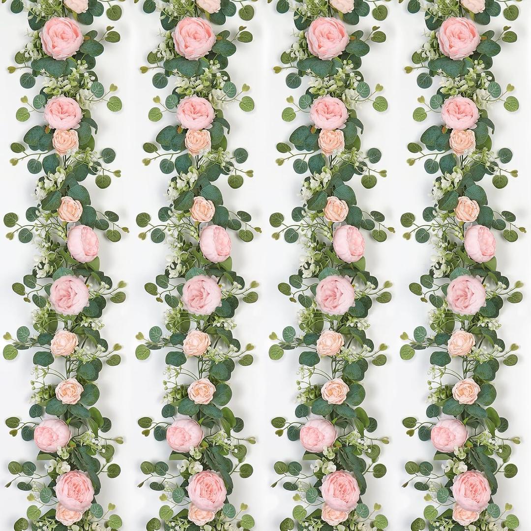 SOMYTING Artificial Flower Garlands Eucalyptus Garlands with Flowers Rose Peony Flower Vine Faux Floral Garland for Wedding Party Arch Table Wall Backdrop Decoration (Light Pink, 4PCS)