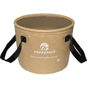 Premium Collapsible Bucket by Freegrace - Compact Portable Folding Water Container - Lightweight & Durable - Includes Handy Tool Mesh Pocket (10L, Khaki)